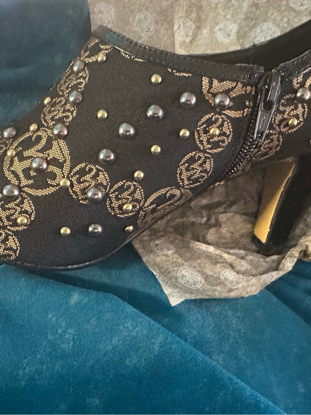 Miss Tina Elegant Black Peep-Toe Embellished High-Heel Booties - Picture 3 of 11